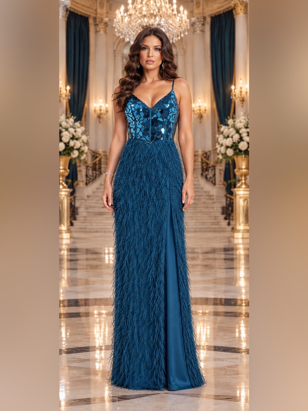 NWT Jovani 37435 Teal Cut Glass Feather prom Wedding Gala Military Gown Sz 6